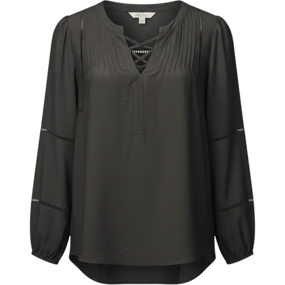 The Pioneer Woman Black Ladder Lace Pintuck Blouse Balloon Sleeve‎ Top M 8-10